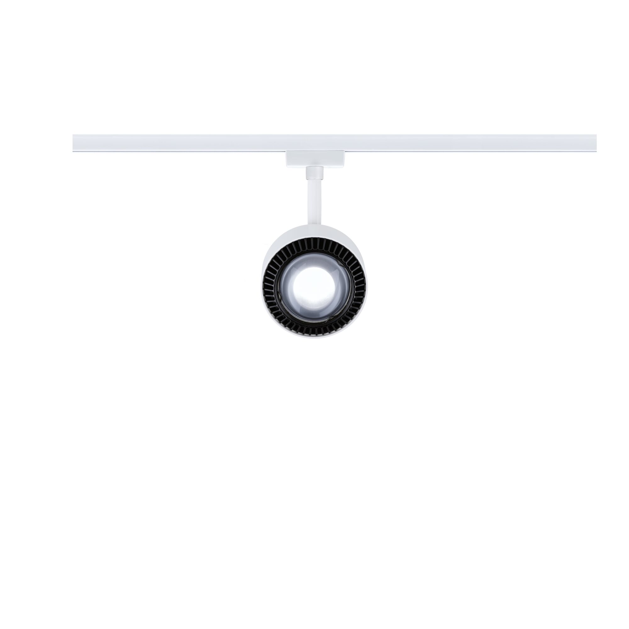 Weißer LED-Spot an Schienensystem mit schwarzem Kühlkörper, moderner Strahler für Innenbeleuchtung