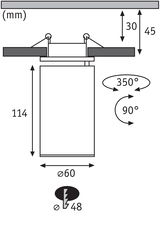 Technische Zeichnung eines Einbaustrahler mit 60 mm Durchmesser und 114 mm Höhe, drehbar um 350 Grad.