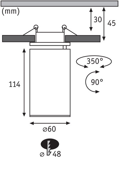 Technical drawing of recessed spotlight with 60 mm diameter and 114 mm height, rotatable 350 degrees.