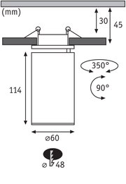 Technical drawing of recessed spotlight 114 mm high, 60 mm diameter, rotatable 350 degrees