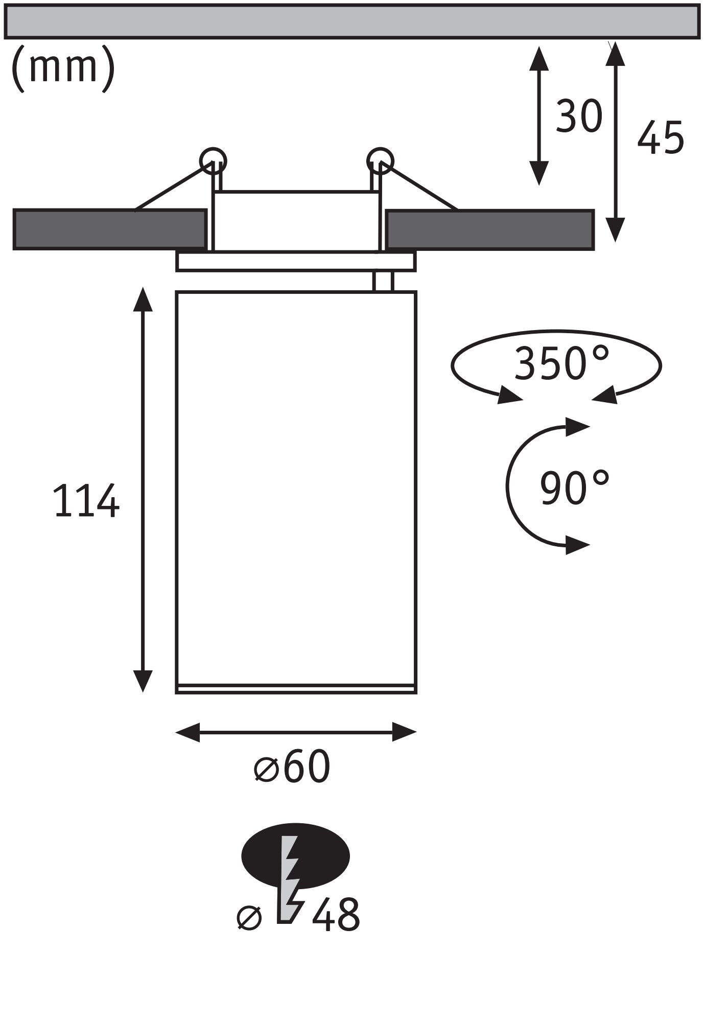 Schéma technique d'un spot encastré de 114 mm de haut et 60 mm de diamètre, rotation 350 degrés