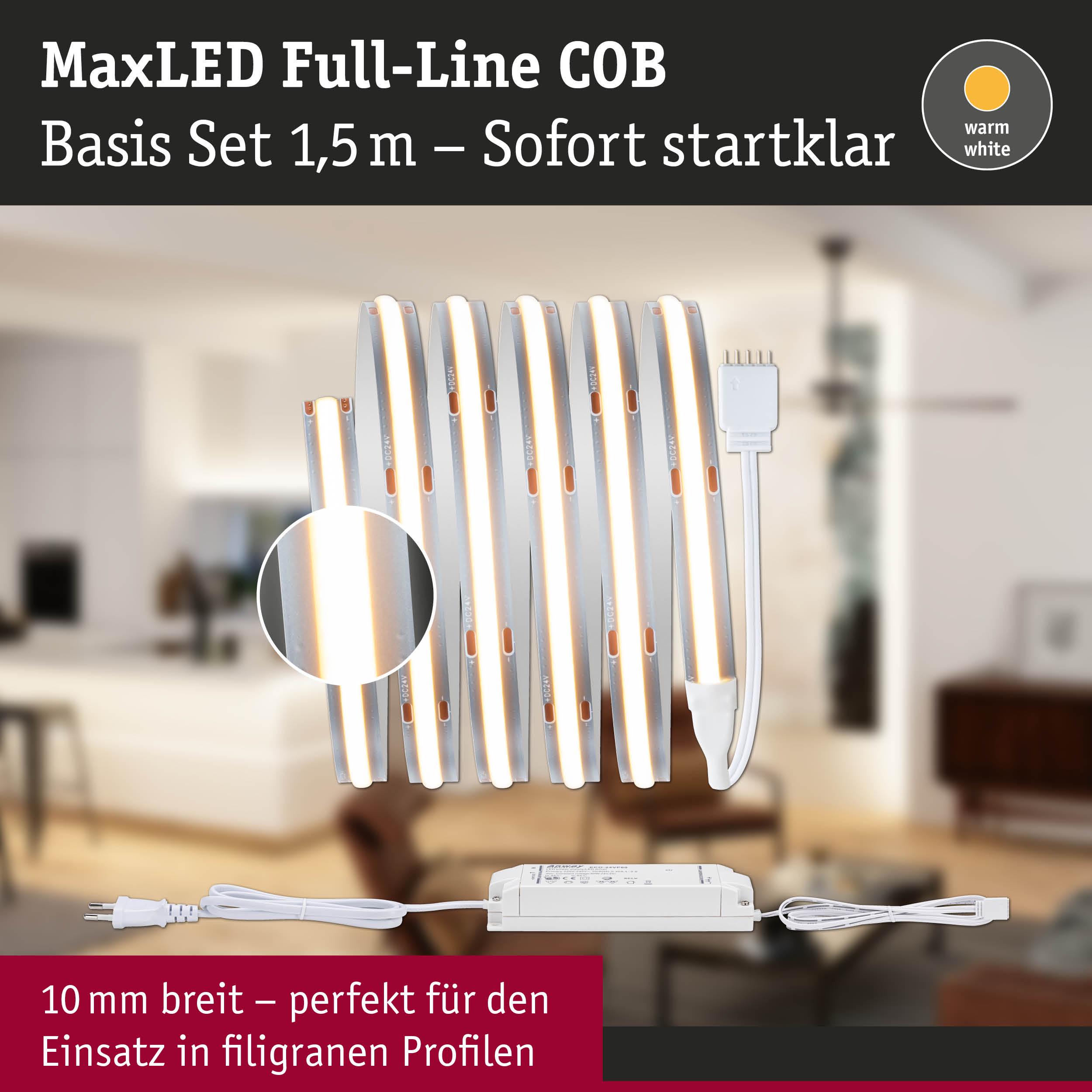 MaxLED Full-Line COB LED-Lichtband 1,5 m warmweiß mit Netzteil, 10 mm breit für filigrane Profile