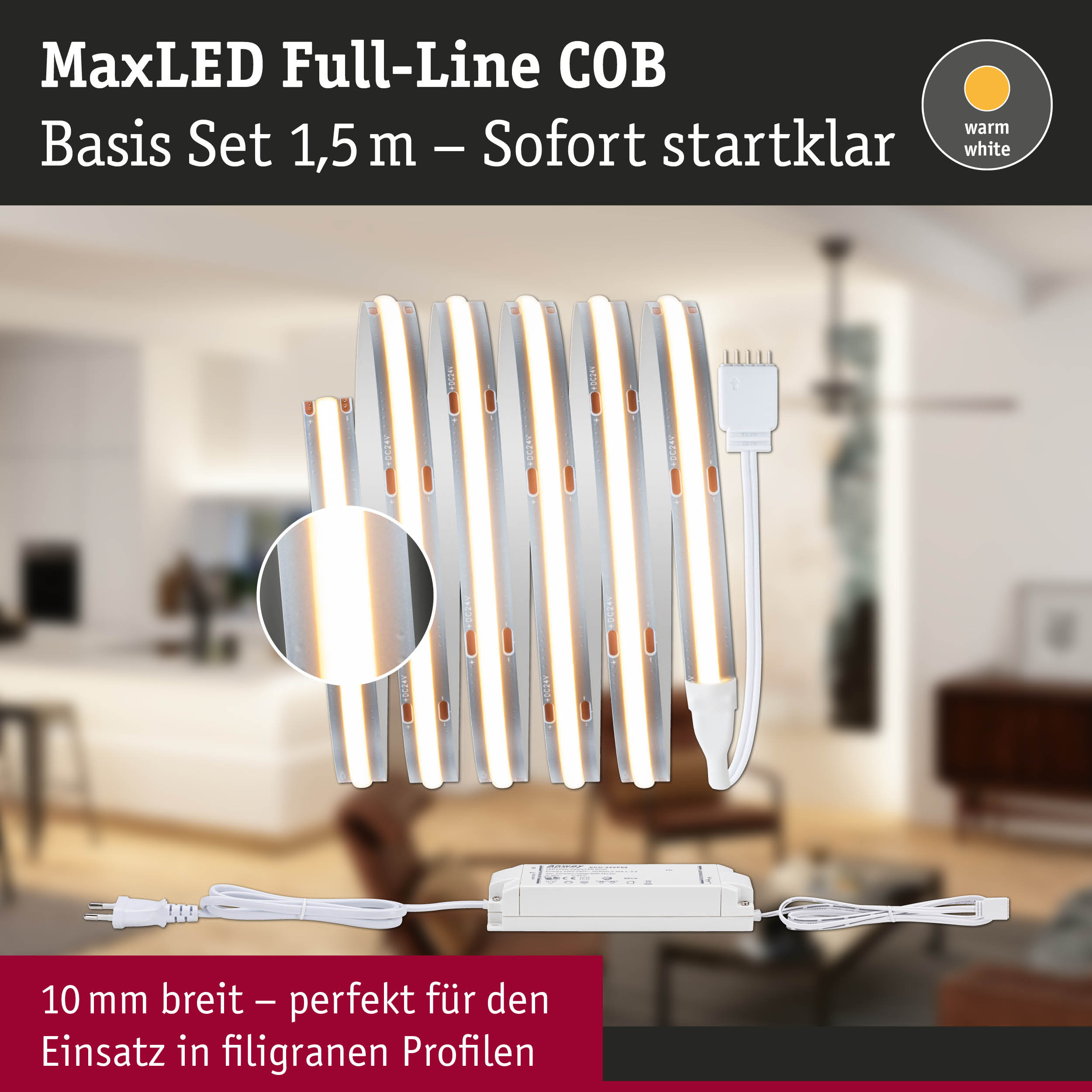 MaxLED Full-Line COB LED-Lichtband 1,5 m warmweiß mit Netzteil für filigrane Profile