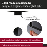 Zwarte URail Pendulum Alejandro LED-lamp met verstelbare hoogte en anti-verblindingsdiffuser voor stijlvol licht