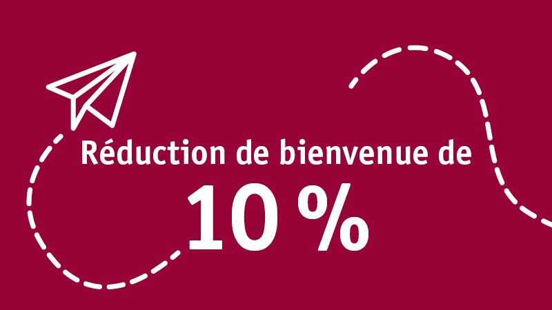 Bannière rouge avec avion en papier blanc et texte annonçant une réduction de bienvenue de 10 %