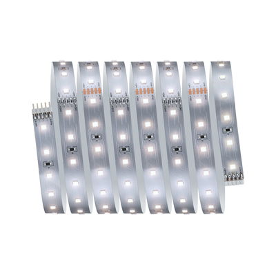 Flexible LED strip with white LEDs on silver circuit board for modern lighting applications
