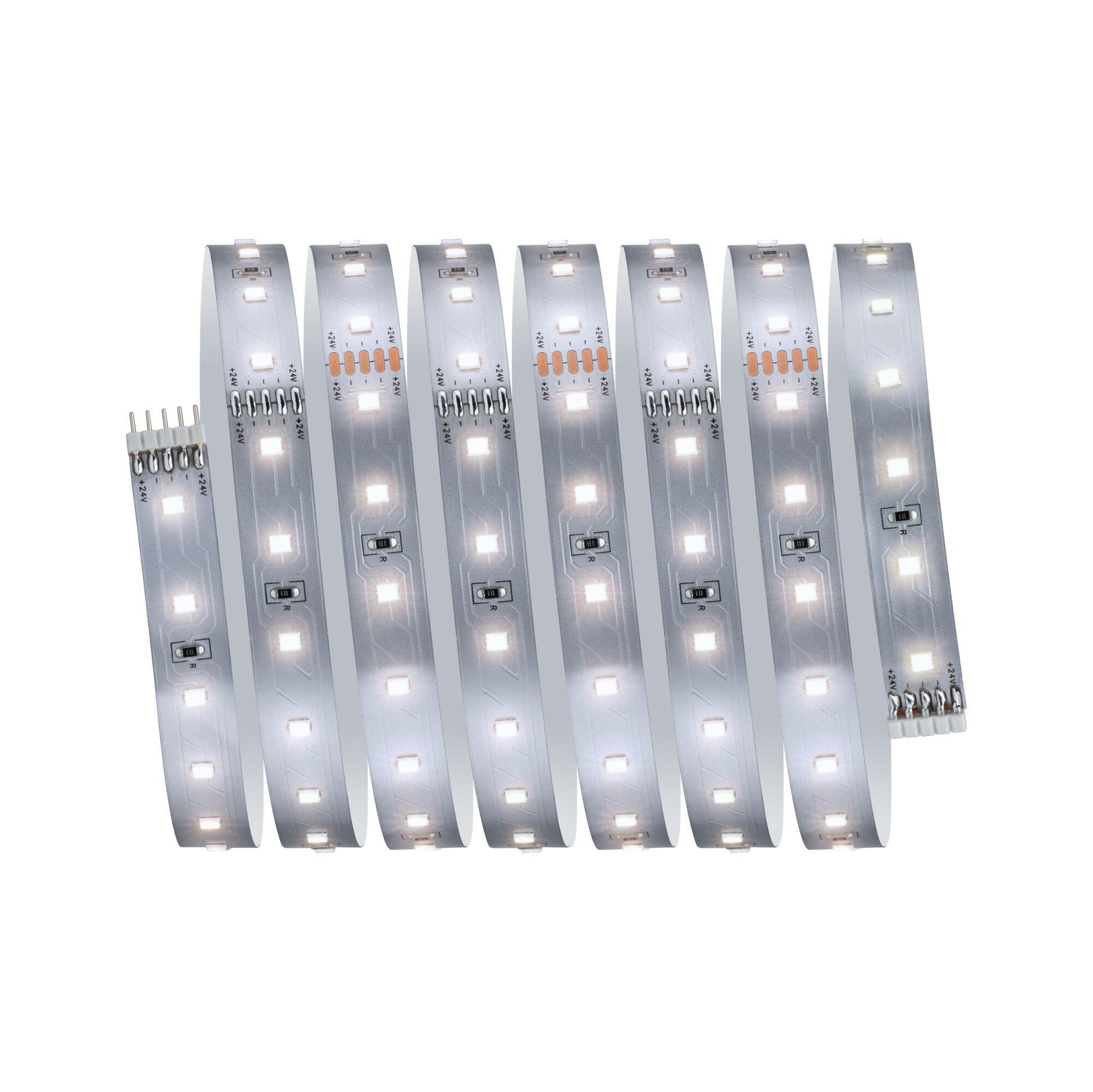 Flexible LED strip with white LEDs on silver circuit board for modern lighting applications