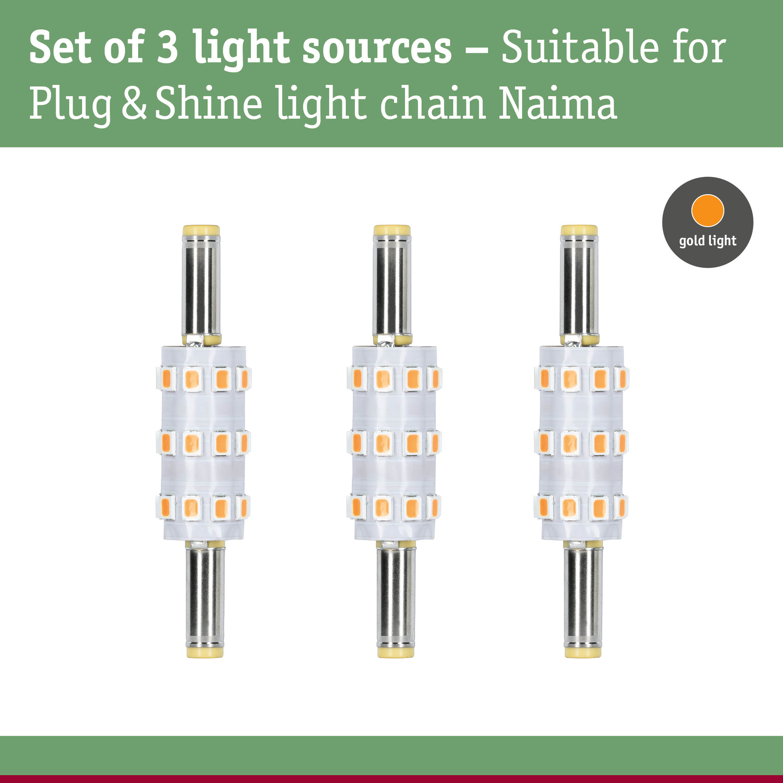 Set of 3 transparent LED light sources with gold light for Plug & Shine light chain lighting
