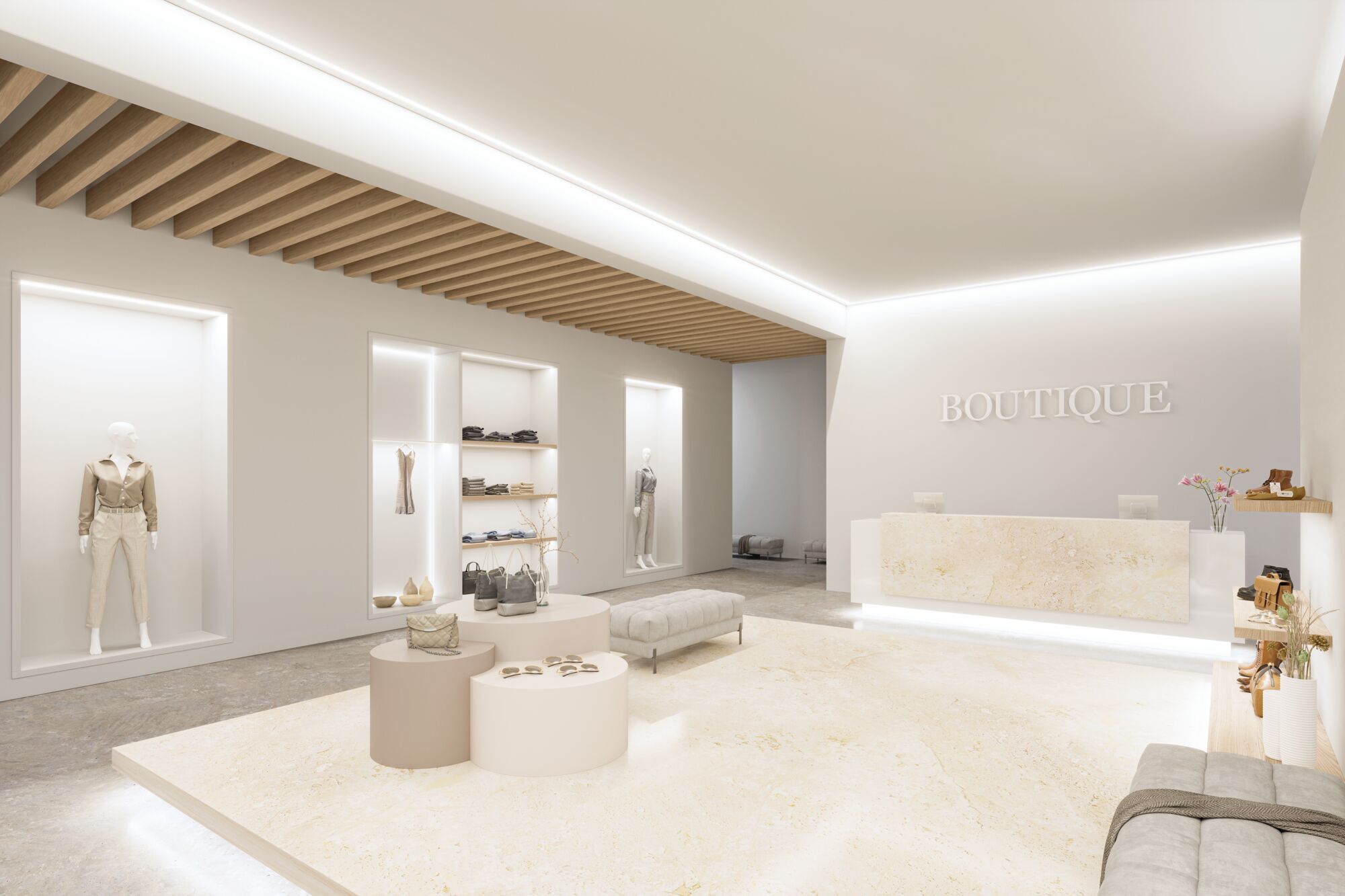 Bright boutique with modern LED ceiling lights, wooden slats, and minimalist natural stone sales counter.