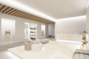 Boutique lumineuse avec éclairage LED moderne au plafond et intérieur minimaliste pour mode et accessoires