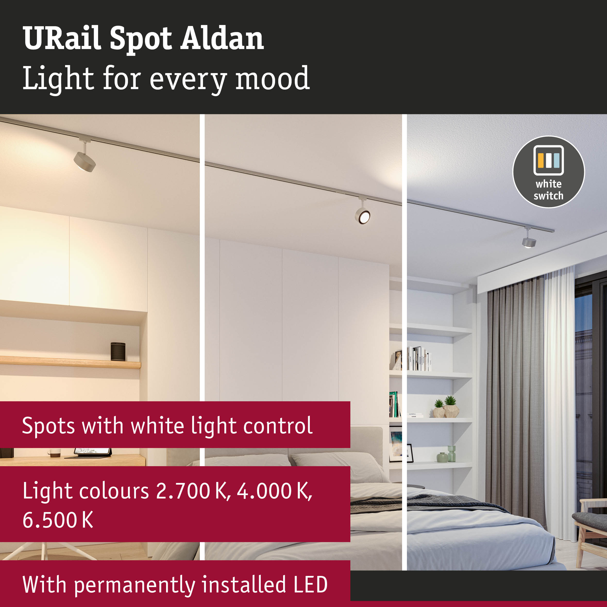 URail Spot Aldan white LED ceiling light with adjustable light colours for living spaces
