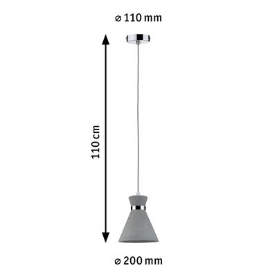 Gray concrete pendant lamp with chrome ring, 110 cm length and 20 cm diameter, modern LED light