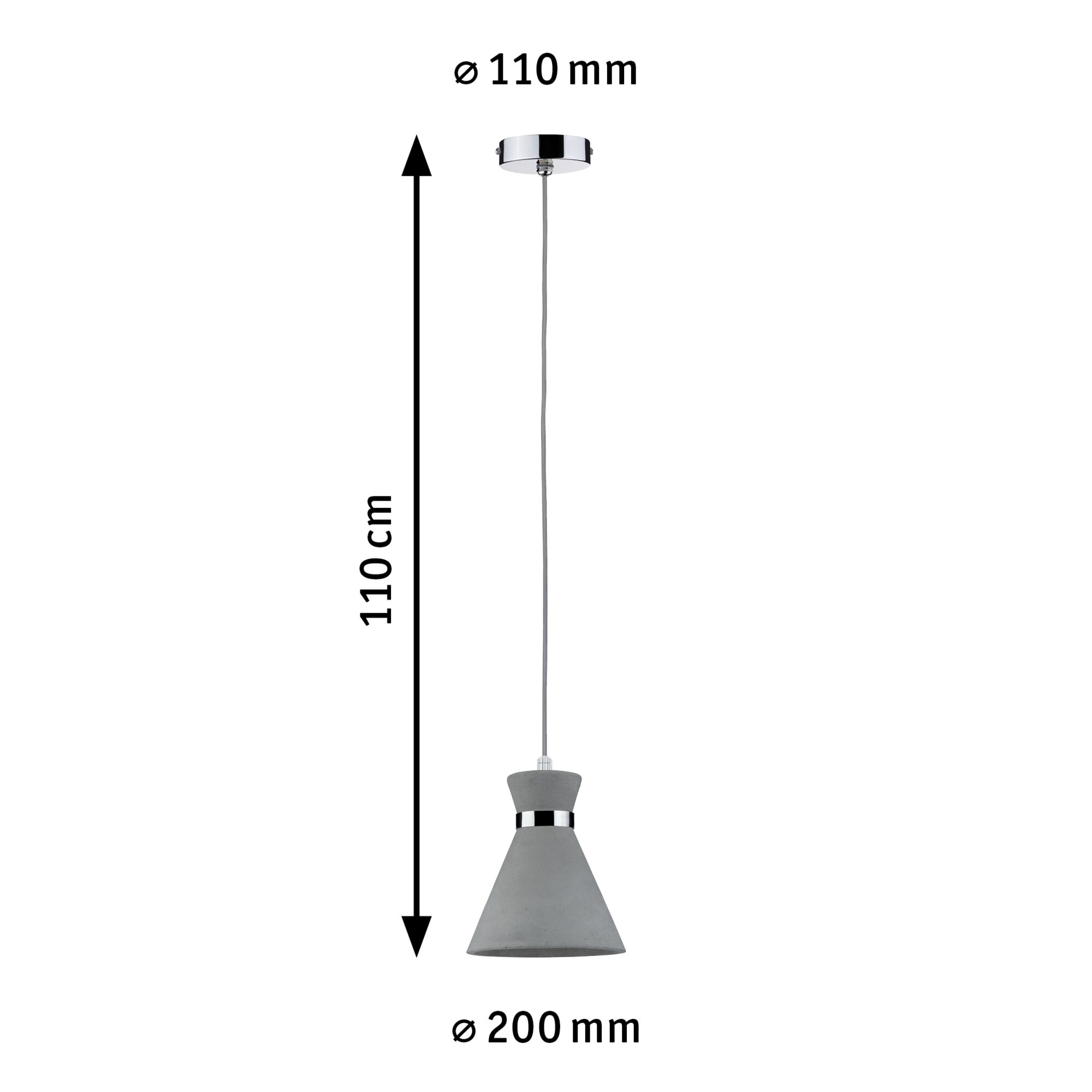 Grijze betonnen hanglamp met chroomring, 110 cm lang en 20 cm diameter, moderne LED-verlichting