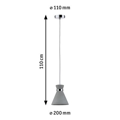 Graue Beton-Hängeleuchte mit Chromring, 110 cm Länge und 20 cm Durchmesser, moderne LED Lampe