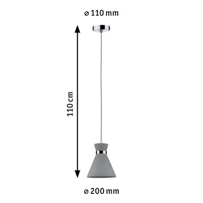 Graue Beton-Hängeleuchte mit Chromring, 110 cm Länge und 20 cm Durchmesser, moderne LED Lampe