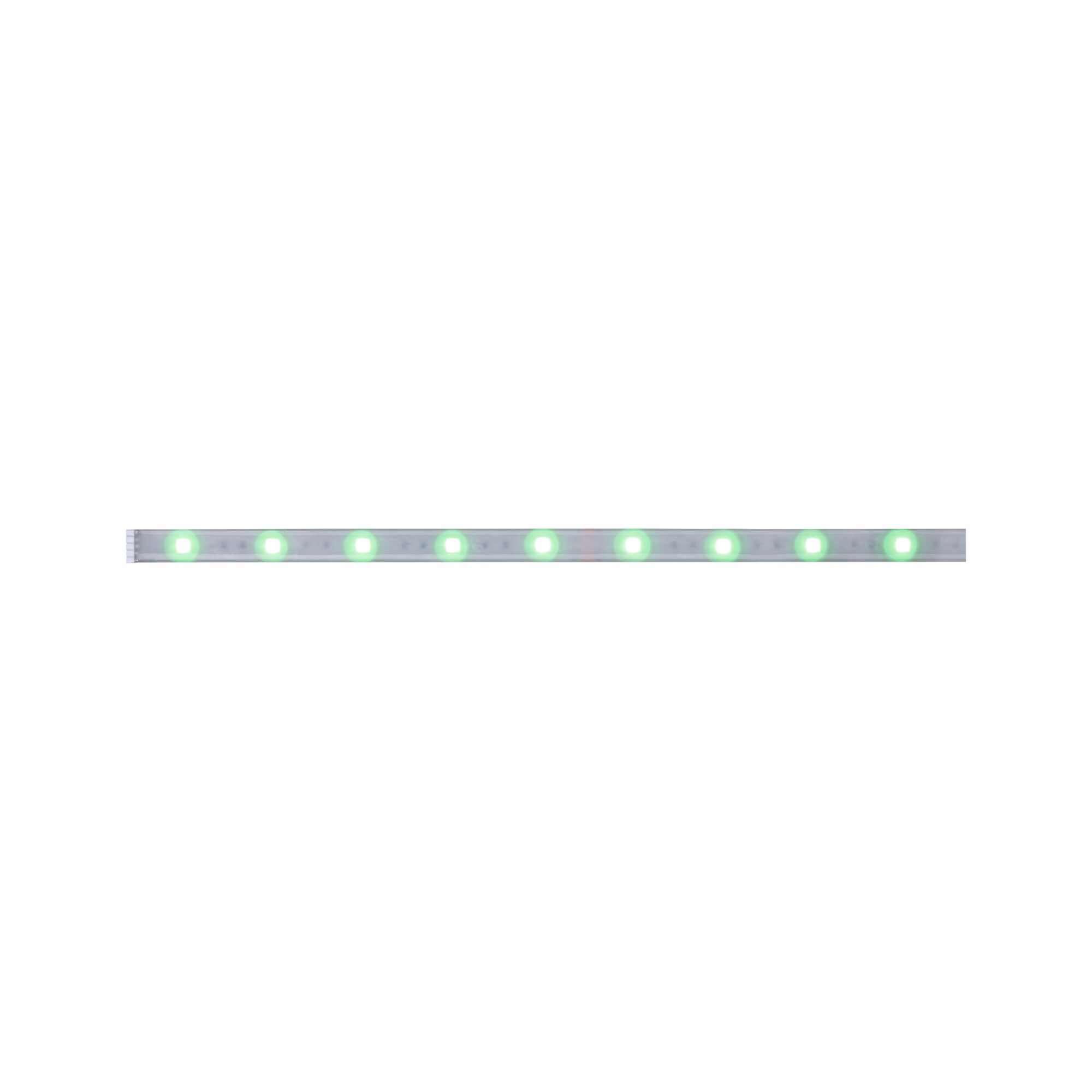 Long LED light strip with green glowing diodes for decorative lighting and accent effects.