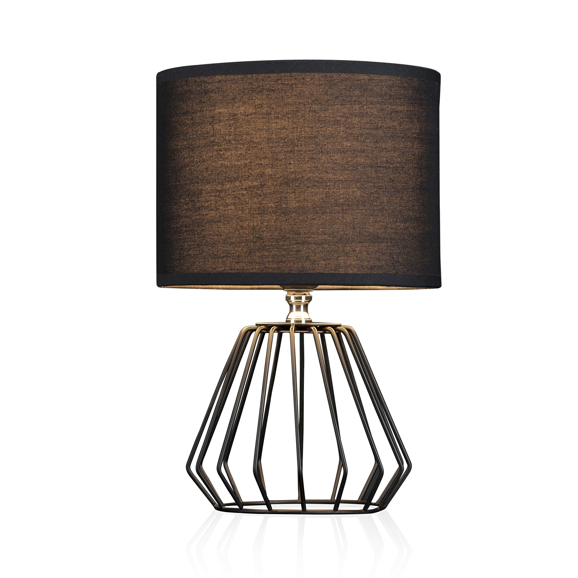 Moderne Tischlampe mit schwarzem Stoffschirm und geometrischem Metallgestell in Schwarz für Wohnräume