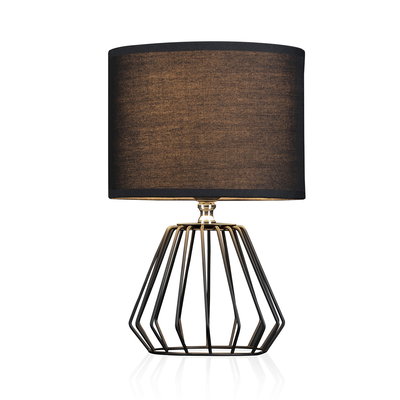 Moderne Tischlampe mit schwarzem Stoffschirm und geometrischem Metallgestell in Schwarz für Wohnräume