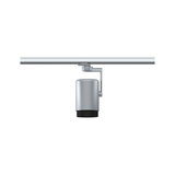 Moderner silberner LED-Strahler aus Metall mit schwarzem Rand an Schienensystem für flexible Beleuchtung