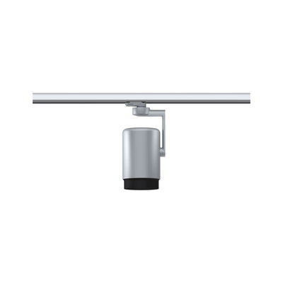 Moderner silberner LED-Strahler aus Metall mit schwarzem Rand an Schienensystem für flexible Beleuchtung