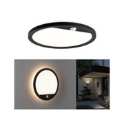 Round black metal outdoor wall light with white diffuser and motion sensor for garden lighting