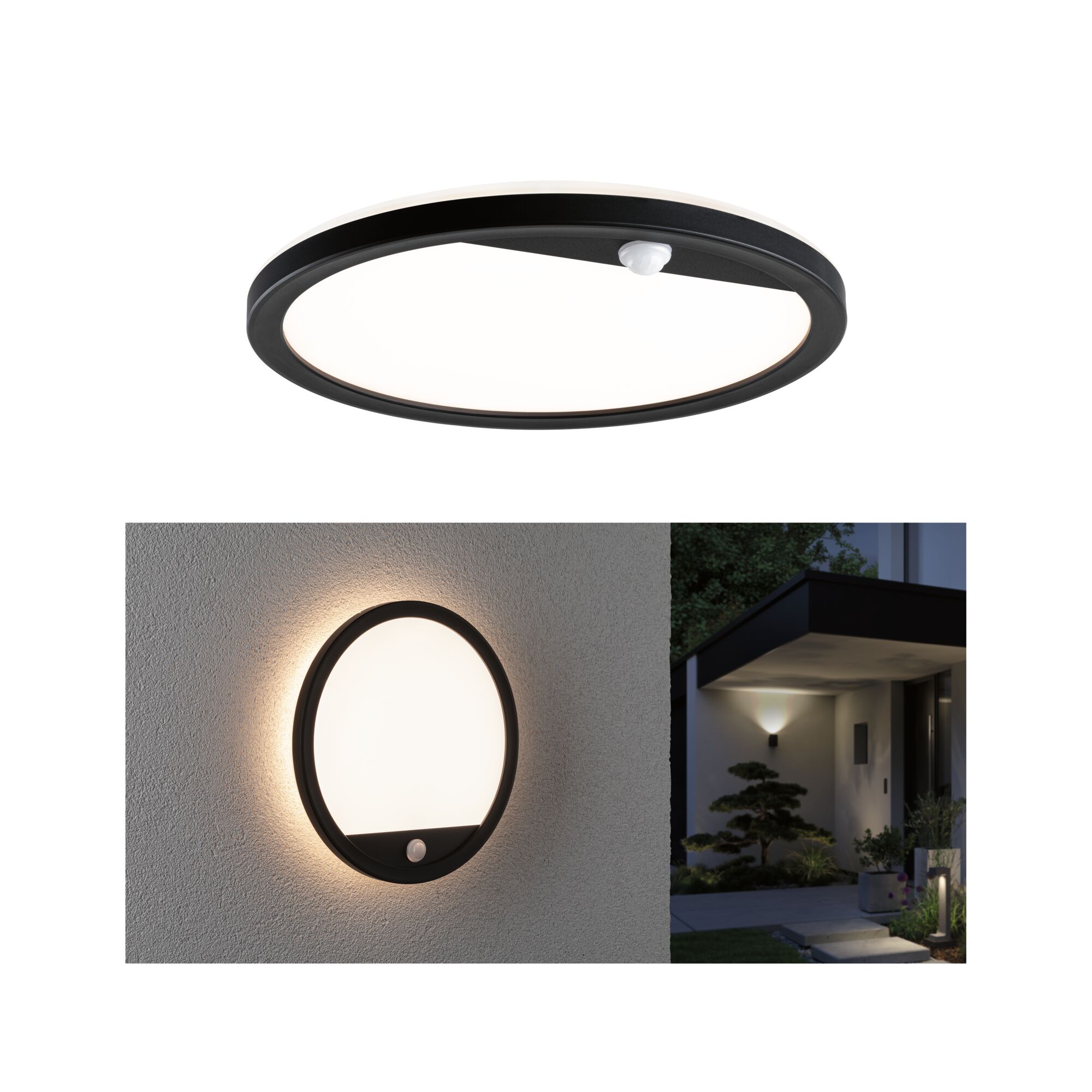 Round black metal outdoor wall light with white diffuser and motion sensor for garden lighting