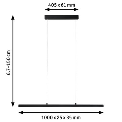Black LED pendant light measuring 1000x25x35 mm with adjustable height up to 150 cm