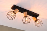 Ceiling light with three black metal cages and wood accents, warm lighting for living room decor