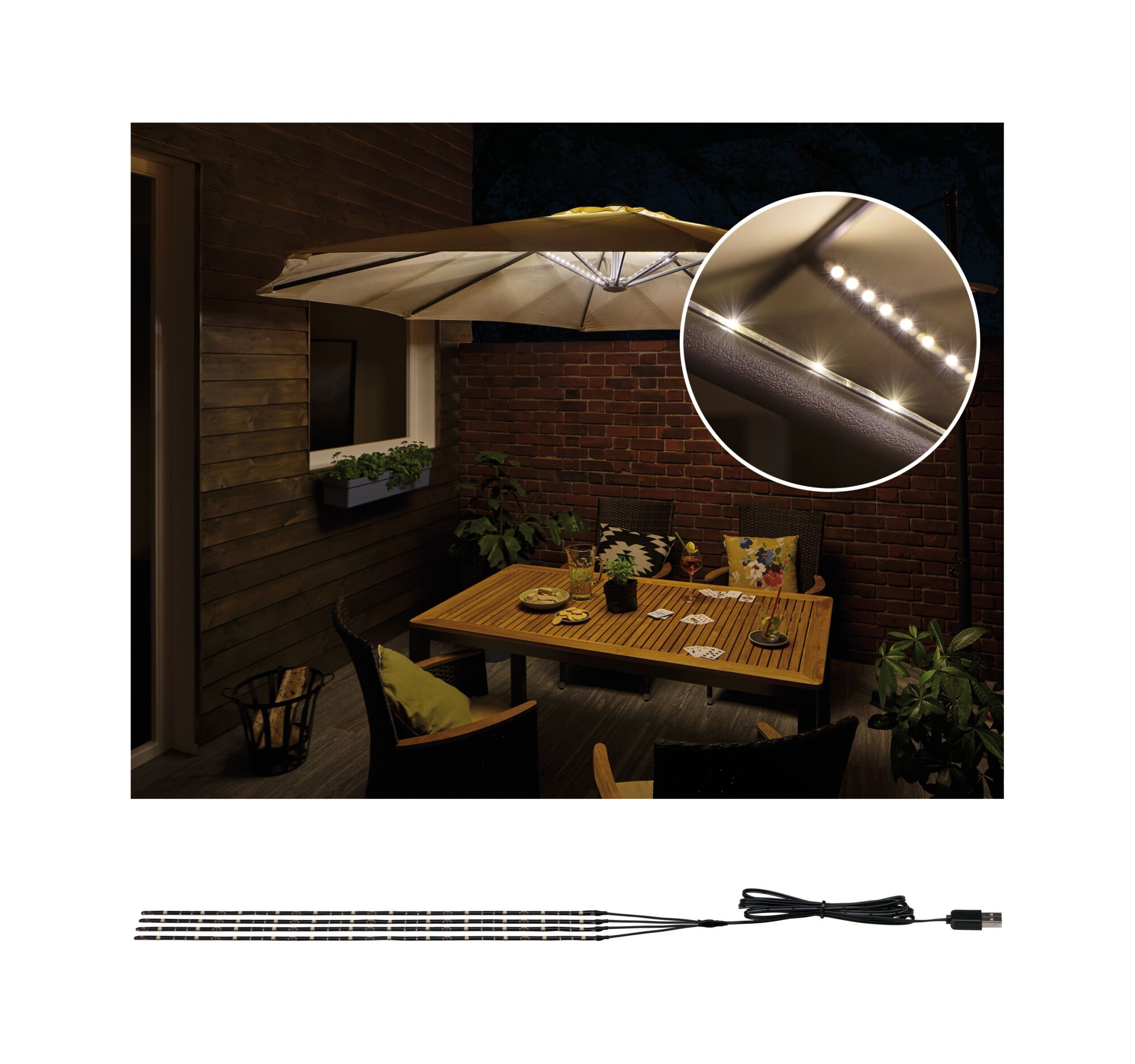 Bandes LED noires avec connexion USB, lumière blanc chaud pour une ambiance terrasse chaleureuse.