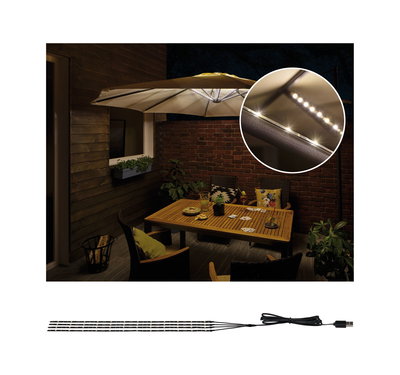 Black LED light strips with USB, warm white lighting ideal for cozy outdoor patio ambiance.