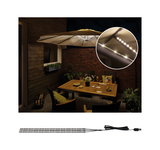 Black LED light strips with USB, warm white lighting ideal for cozy outdoor patio ambiance.