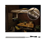 Black LED light strips with USB, warm white lighting ideal for cozy outdoor patio ambiance.