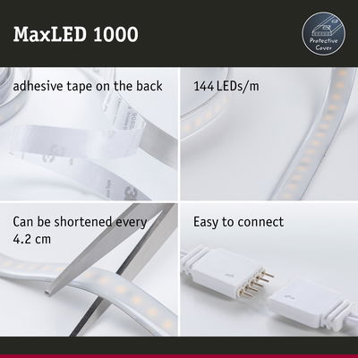 MaxLED 1000 LED strip with 144 LEDs/m, adhesive tape back, cuttable every 4.2 cm, easy to connect