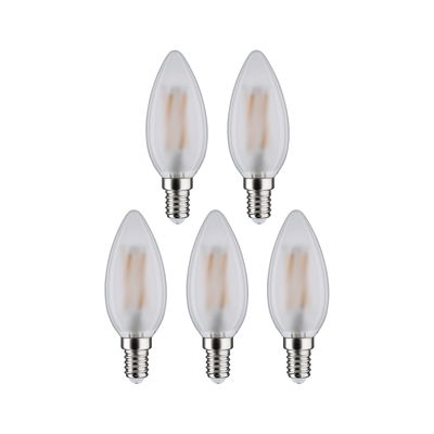 Five matte LED candle bulbs with E14 base in clear glass design for energy-saving lighting.