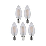 Fünf matte LED-Kerzenlampen mit E14-Fassung in klarer Glasoptik für energiesparende Beleuchtung.