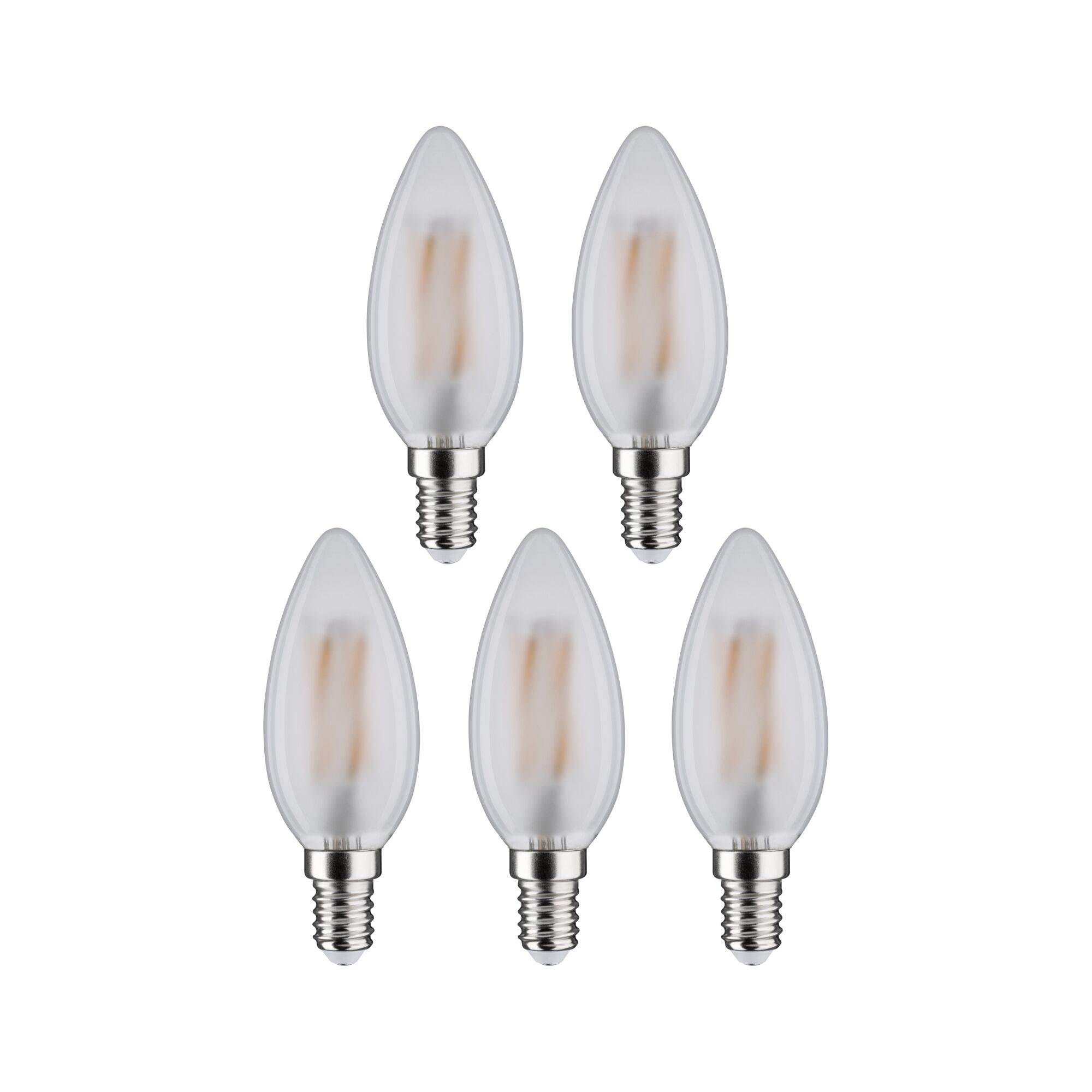 Fünf matte LED-Kerzenlampen mit E14-Fassung in klarer Glasoptik für energiesparende Beleuchtung.