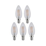 Fünf matte LED-Kerzenlampen mit E14-Fassung in klarer Glasoptik für energiesparende Beleuchtung.