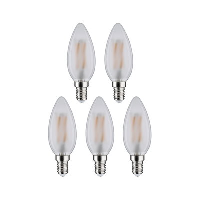 Fünf matte LED-Kerzenlampen mit E14-Fassung in klarer Glasoptik für energiesparende Beleuchtung.