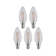 Fünf matte LED-Kerzenlampen mit E14-Fassung in klarer Glasoptik für energiesparende Beleuchtung.