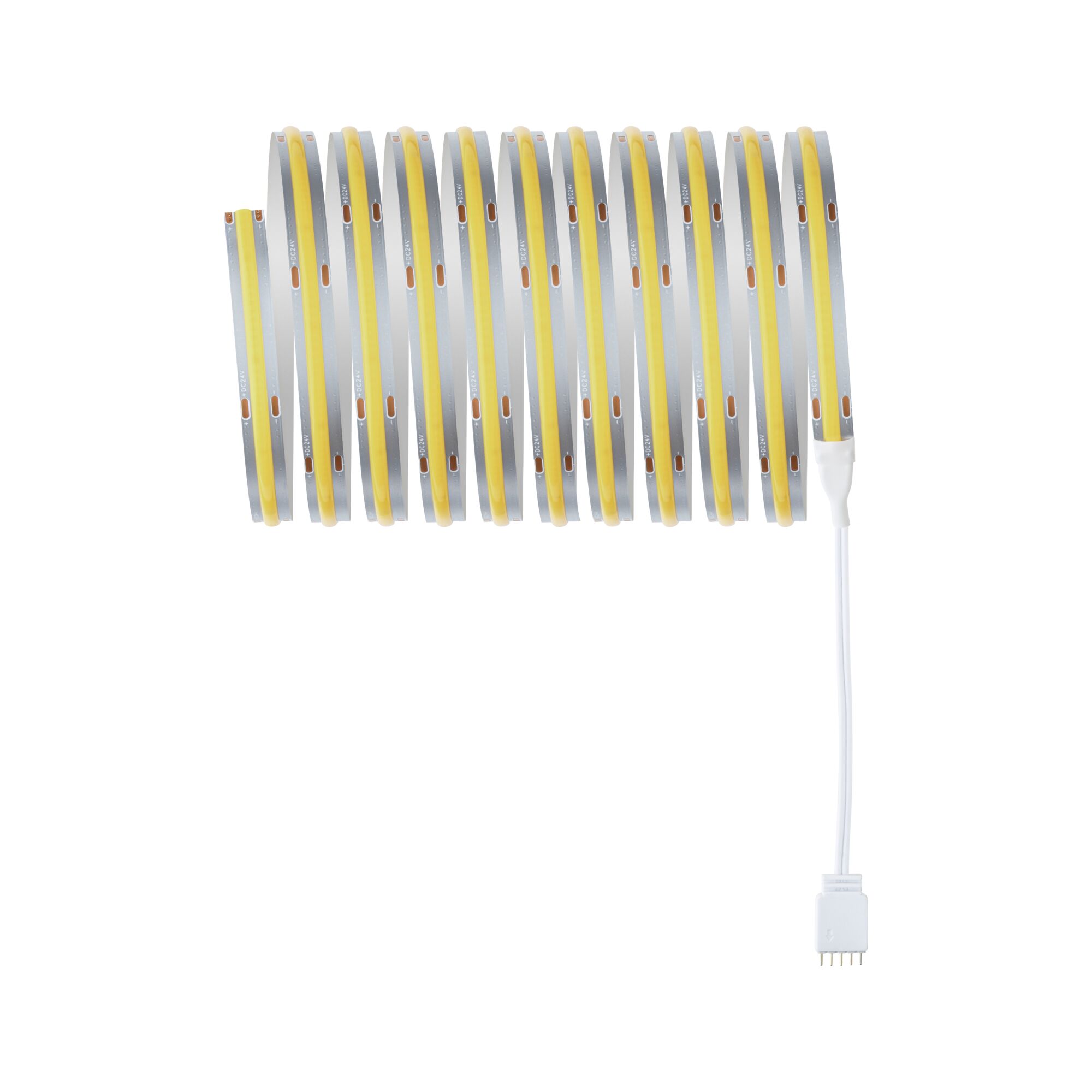 Flexible LED strip with yellow light bar and white connector cable for versatile lighting solutions.