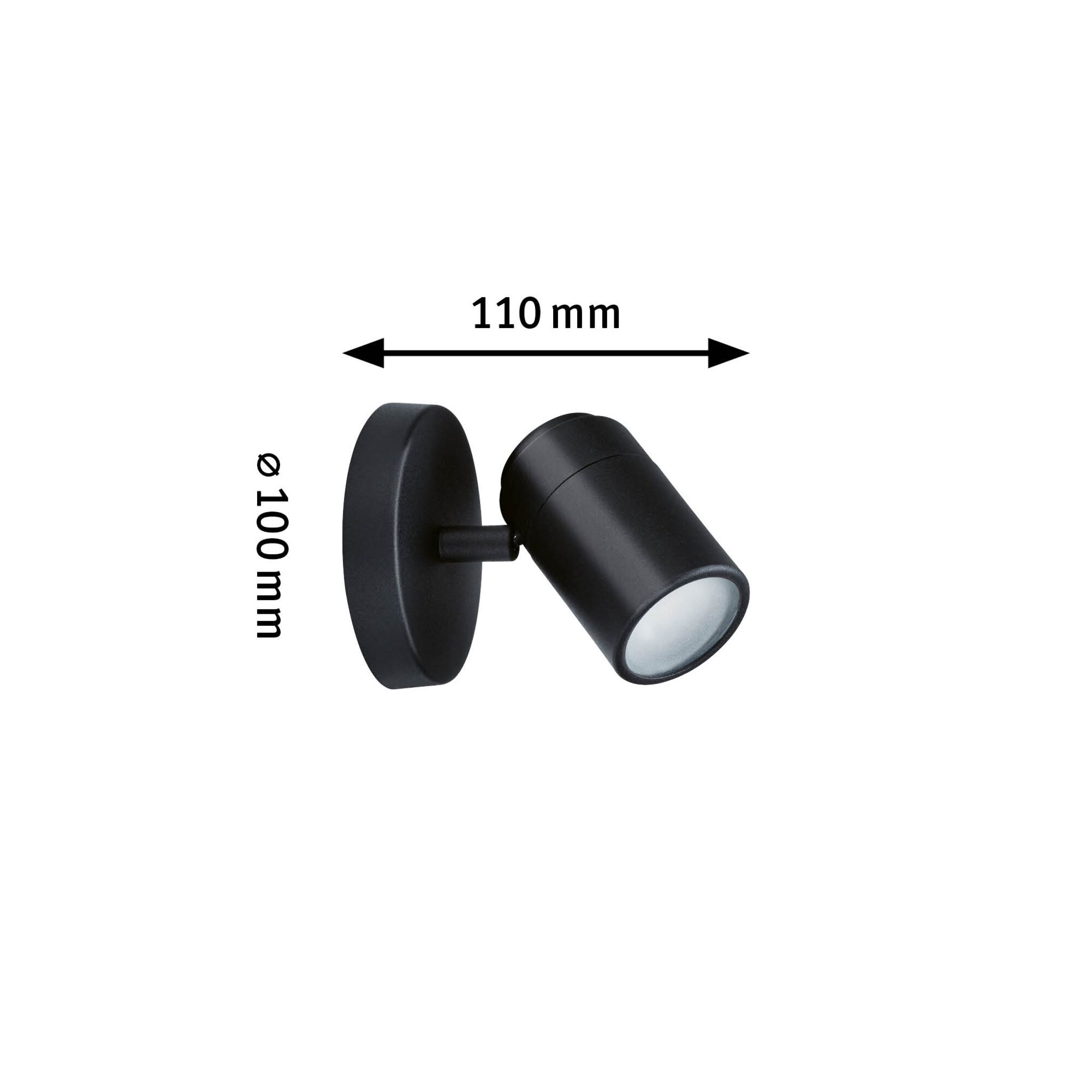 Black metal LED wall spotlight with 110 mm length and 100 mm diameter for modern lighting solutions