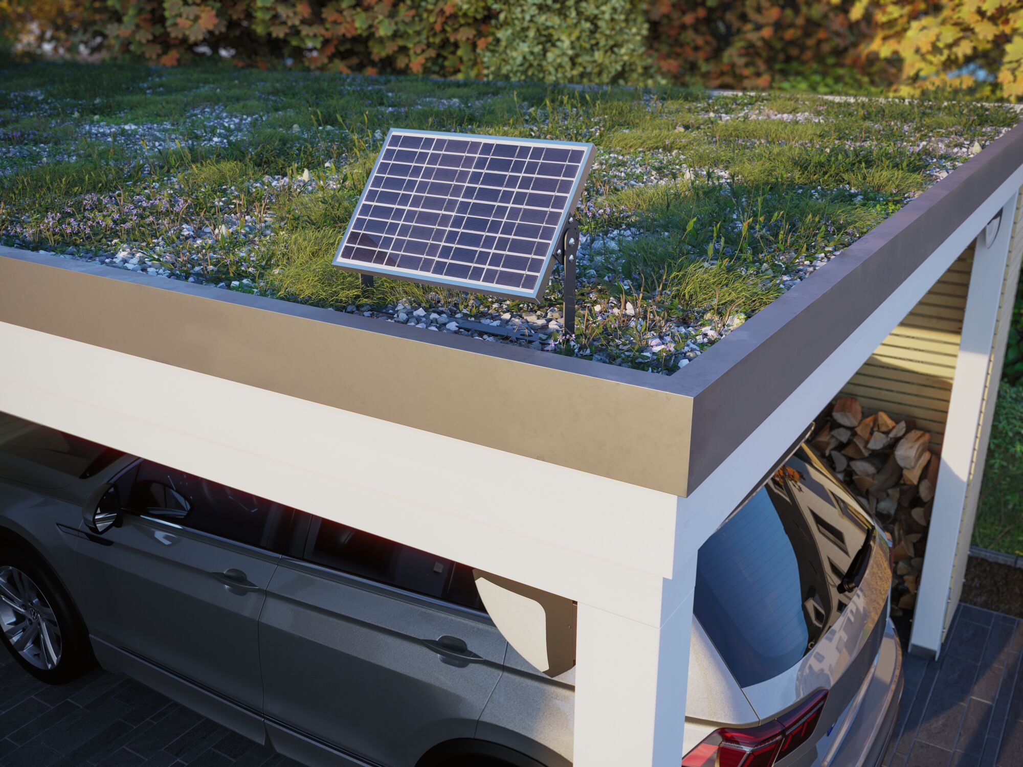 Zonnepaneel op groen plat dak boven carport met grijze auto en houtopslag, duurzame energie.