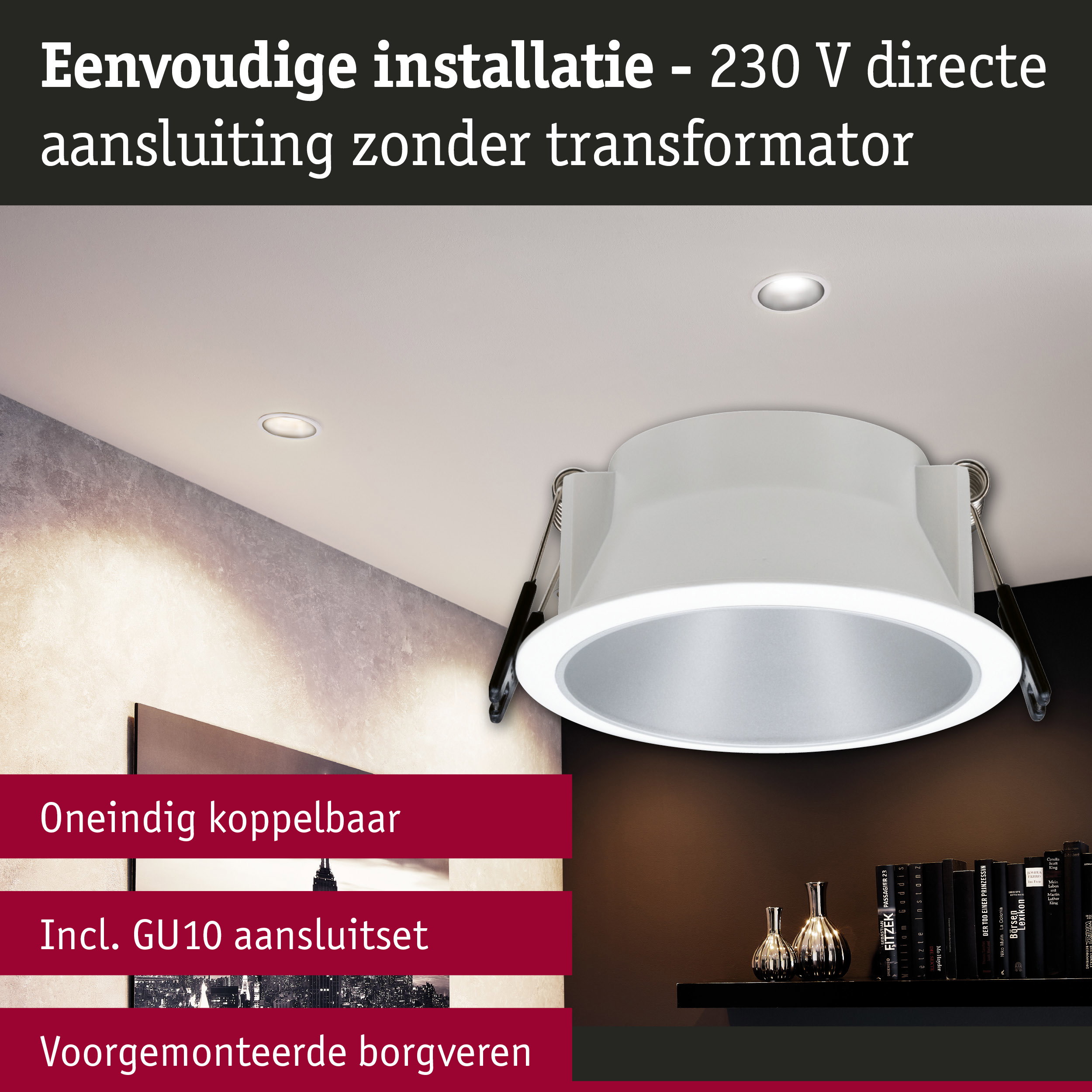 Witte inbouwspot met directe 230V aansluiting zonder transformator voor eenvoudige installatie