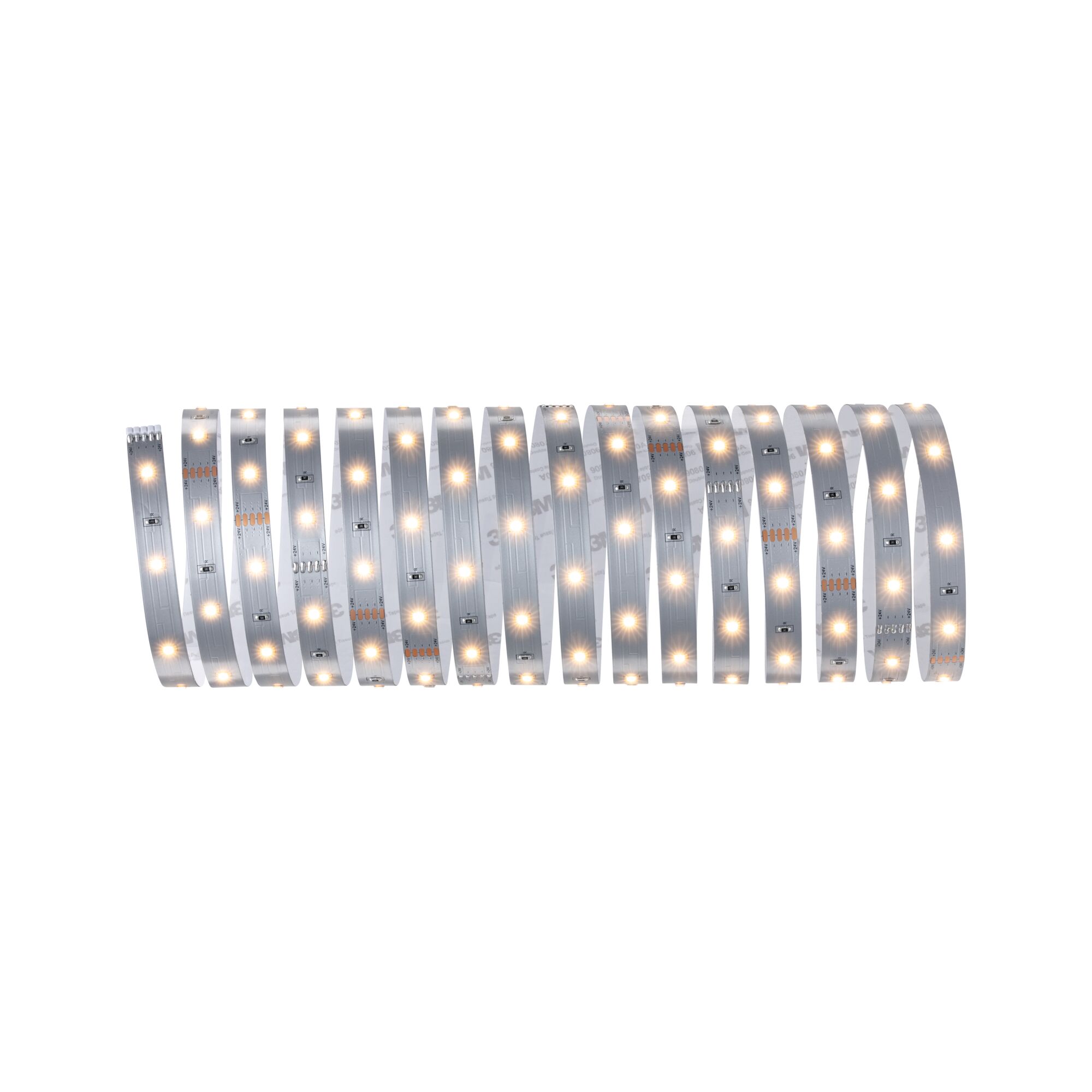 Flexible LED strip light with warm white LEDs on silver board for decorative lighting solutions