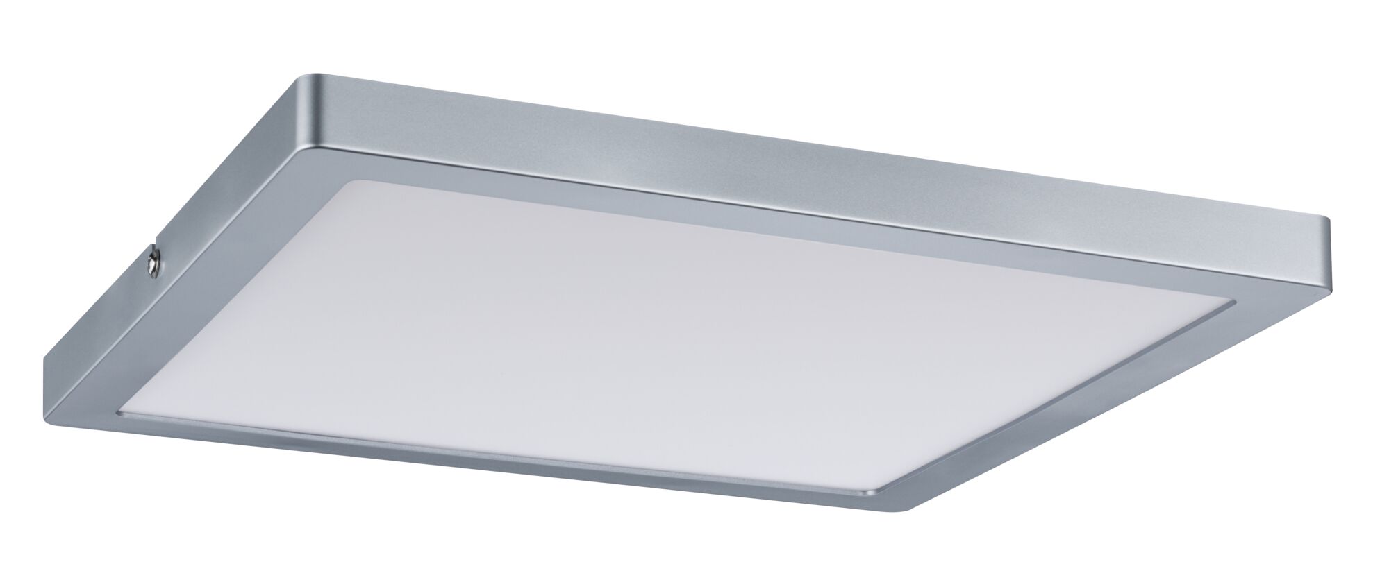 Square ceiling light with silver metal frame and white diffuser for modern indoor lighting