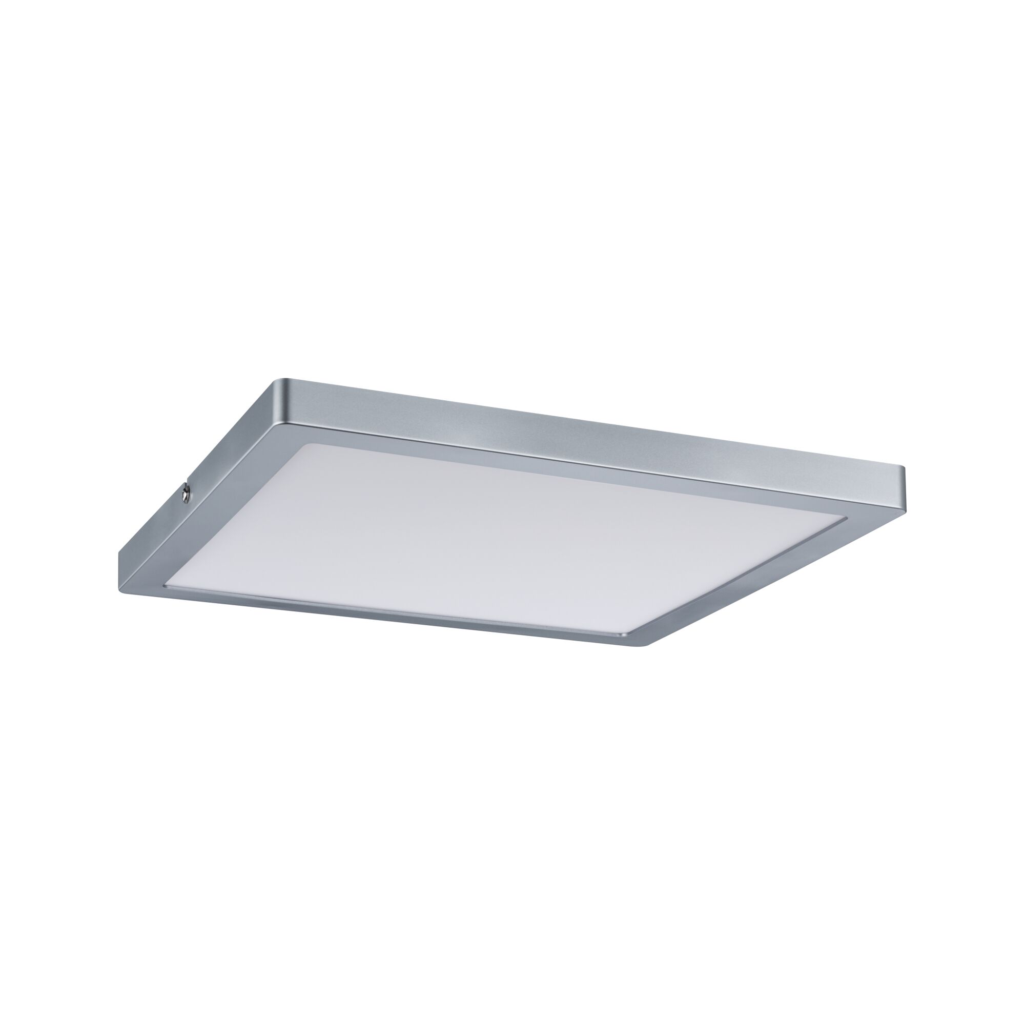 Quadratische Deckenleuchte aus silbernem Metall mit weißem Diffusor für moderne Raumbeleuchtung