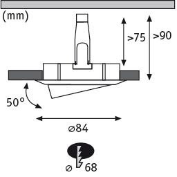 Technical drawing of recessed spotlight with 84 mm diameter and 50-degree tilt