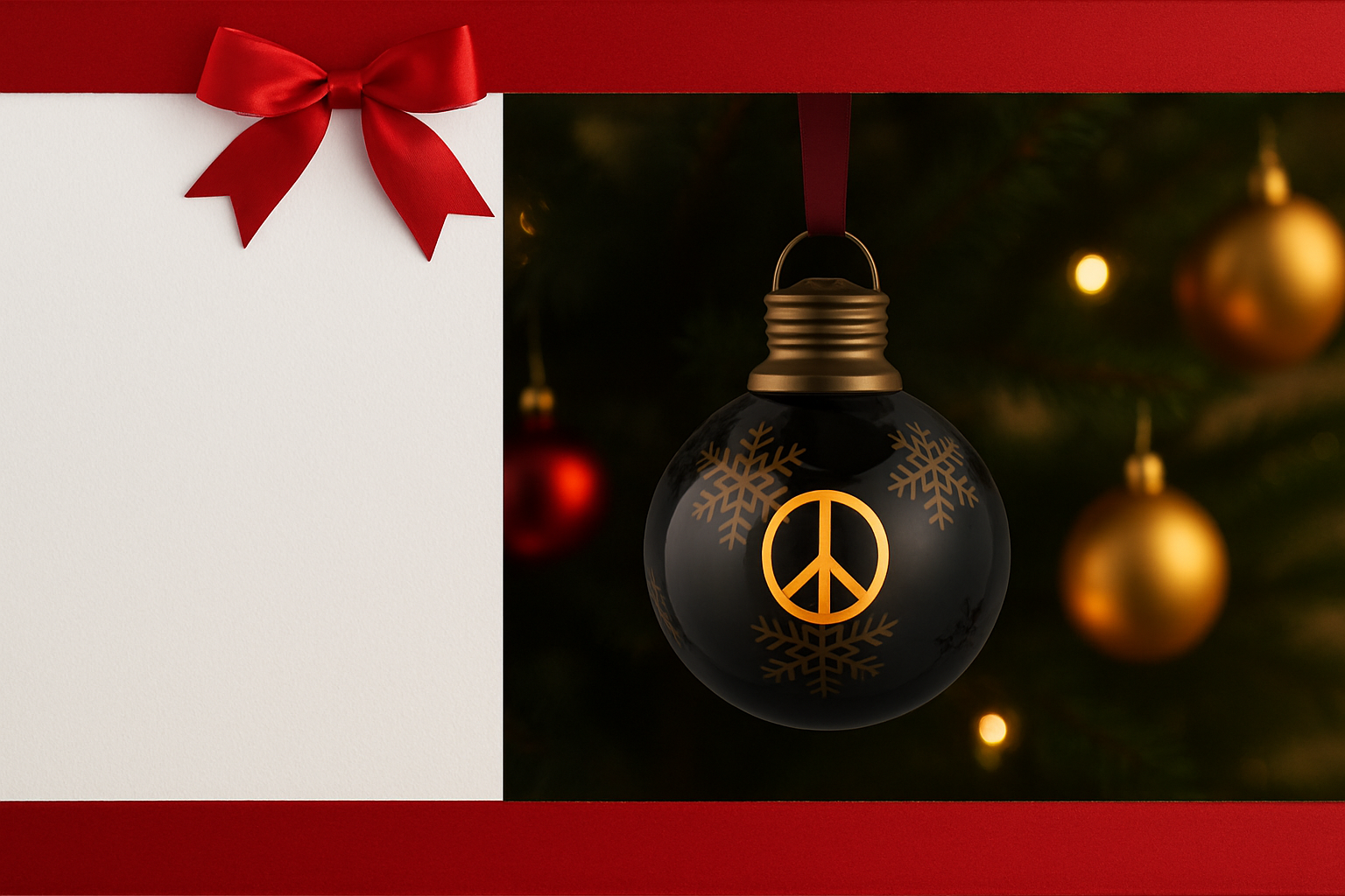 Boule de Noël noire avec symbole de paix doré et flocons, ruban rouge et cadre festif