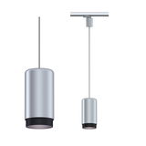 Moderne Pendelleuchte aus silbernem Metall mit schwarzem Rand, ideal für stilvolle Innenbeleuchtung.