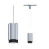 Moderne Pendelleuchte aus silbernem Metall mit schwarzem Rand, ideal für stilvolle Innenbeleuchtung.